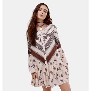 Free People From Your Heart Printed Tunic Dress Sz M 45" Bust Tea Combo ePockets